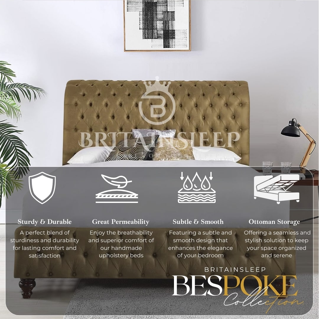 Britainsleep Sleigh Upholstered Ottoman Storage Bed Frame | Double | Single | Small Double | KingSize | Super King Size Bed Britainsleep
