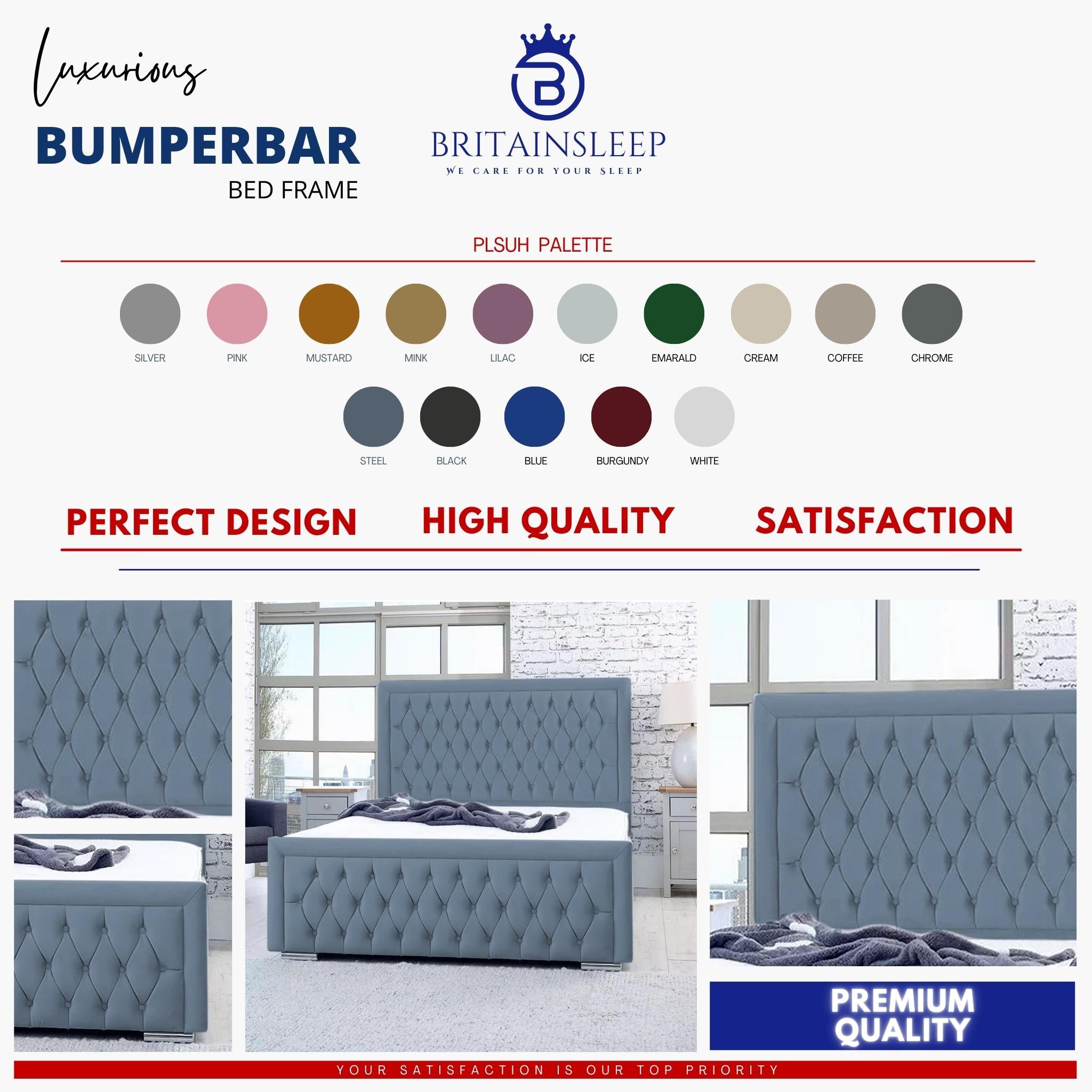 Bumperbar Plush Velvet Upholstered Bed Frame with Ottoman Storage Options Britainsleep