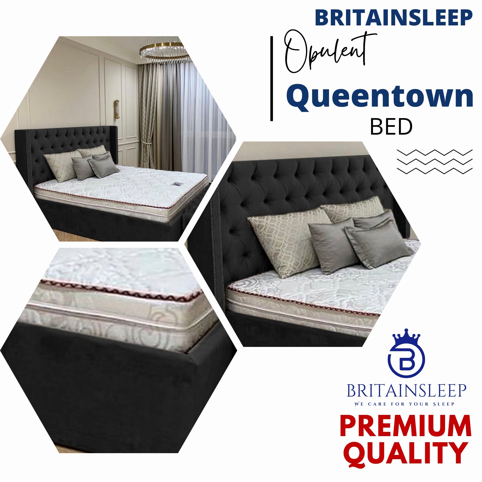 Queen Town Double Studded 50'' Wing Ottoman Storage Bed Frame | Double | Single | Small Double | KingSize | Super King Size Bed Britainsleep