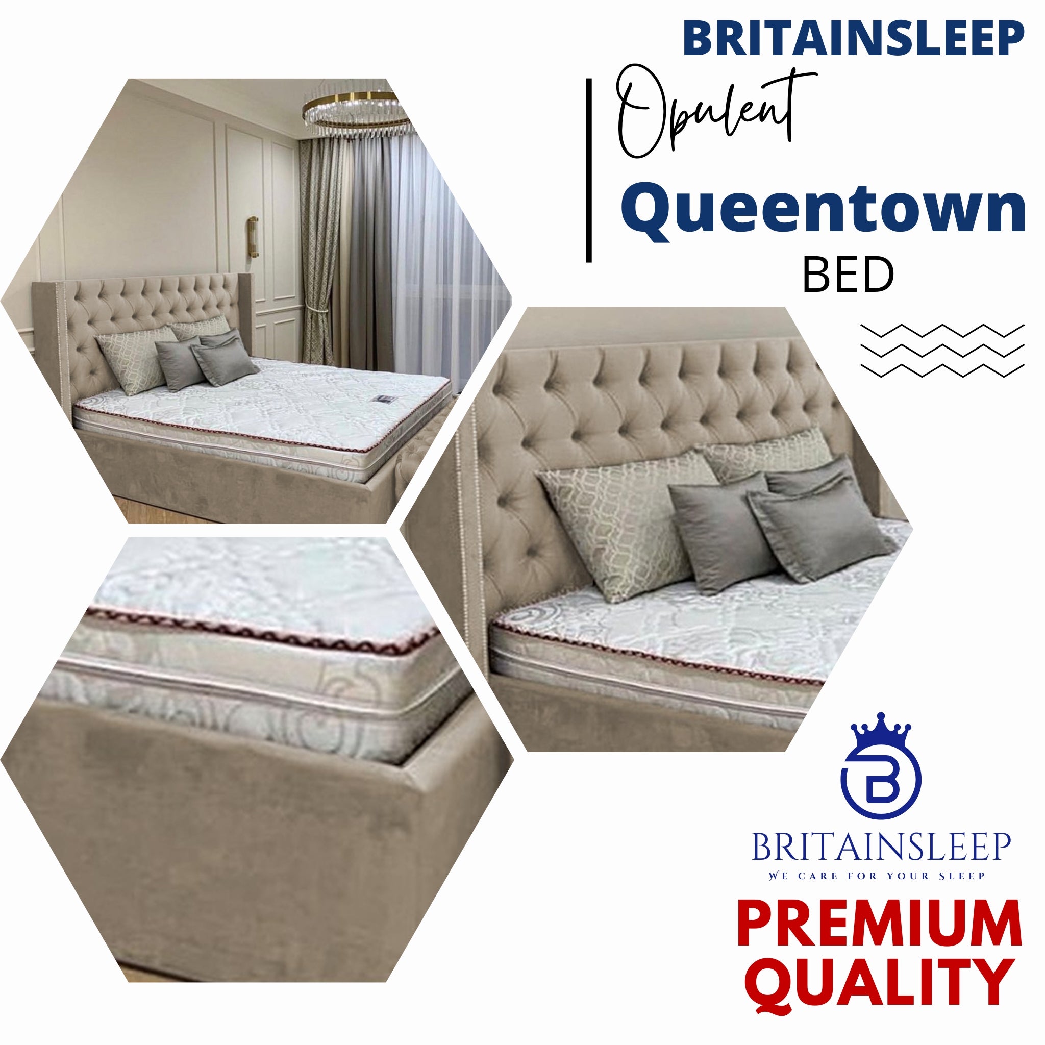 Queen Town Double Studded 50'' Wing Ottoman Storage Bed Frame | Double | Single | Small Double | KingSize | Super King Size Bed Britainsleep