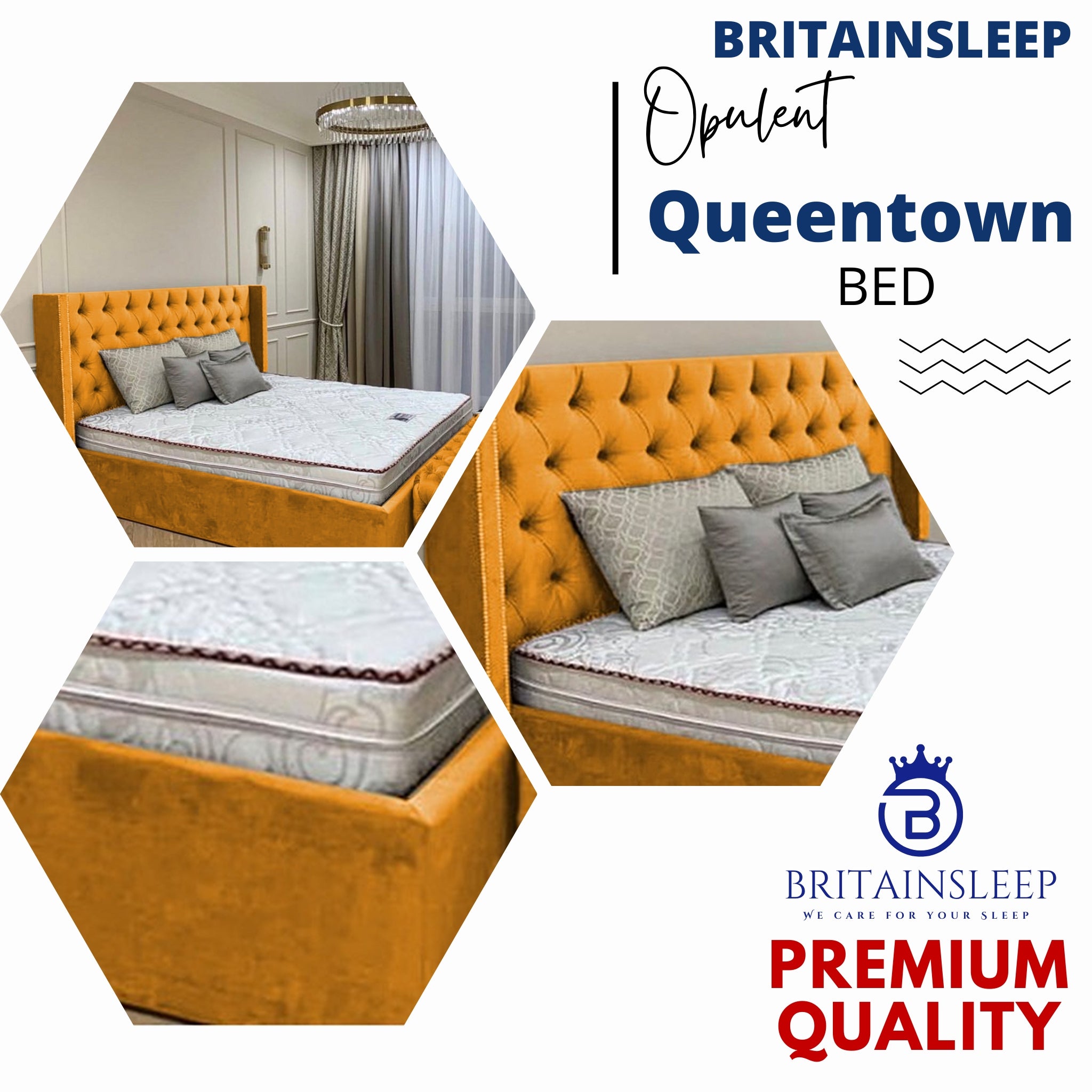 Queen Town Double Studded 50'' Wing Ottoman Storage Bed Frame | Double | Single | Small Double | KingSize | Super King Size Bed Britainsleep