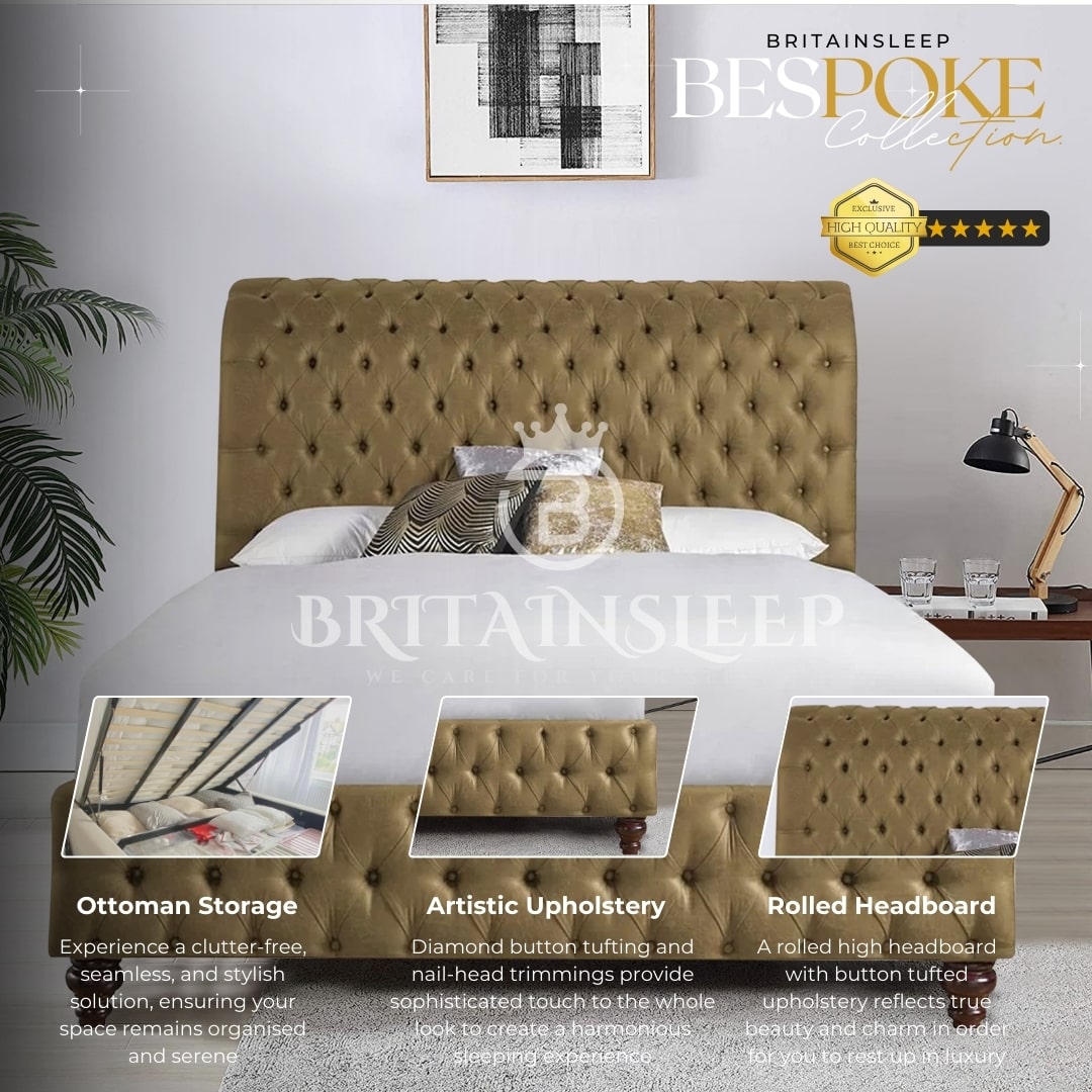 Britainsleep Sleigh Upholstered Ottoman Storage Bed Frame | Double | Single | Small Double | KingSize | Super King Size Bed Britainsleep