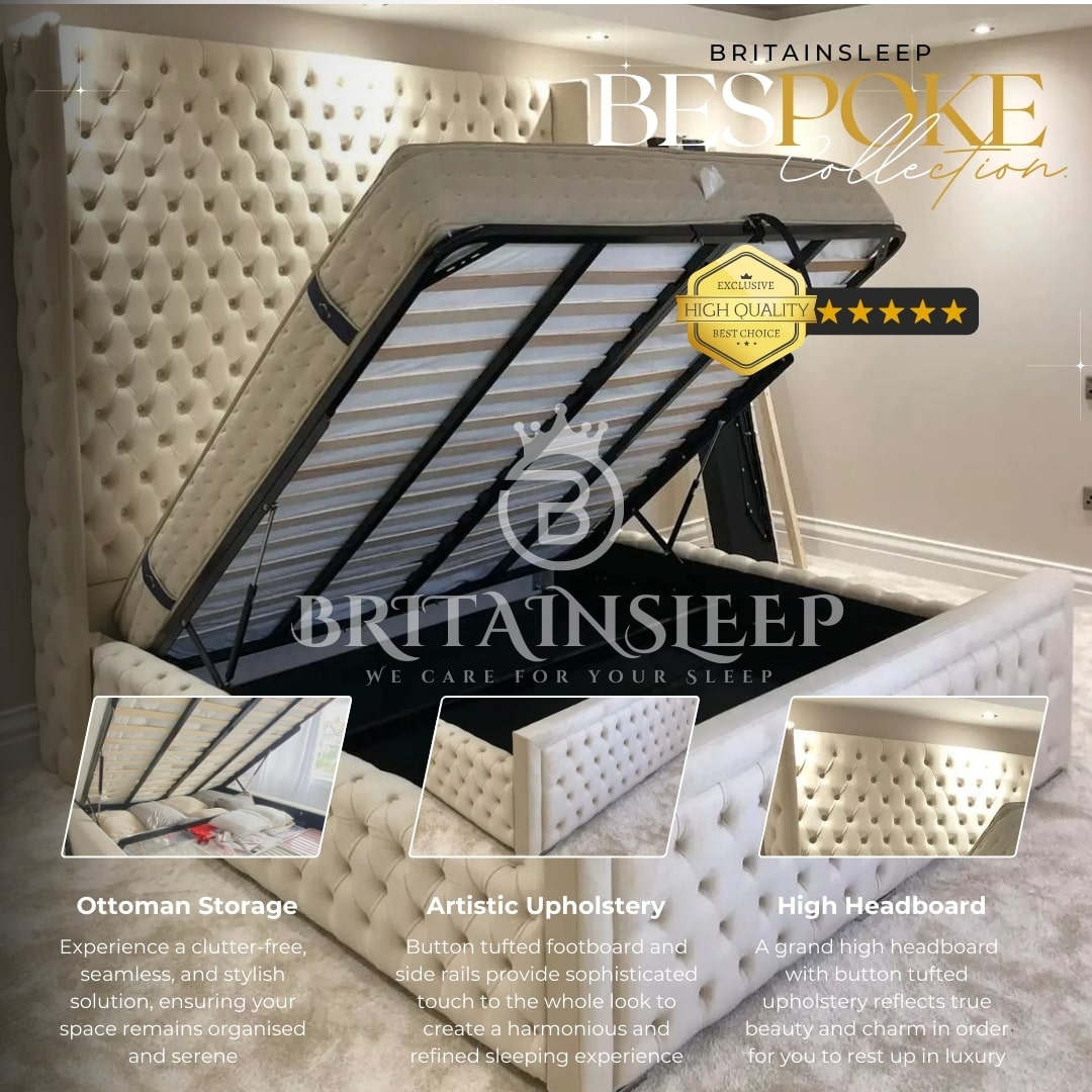 60'' Luxury Buxton Winged Upholstered Bed Frame with Ottoman Storage Britainsleep