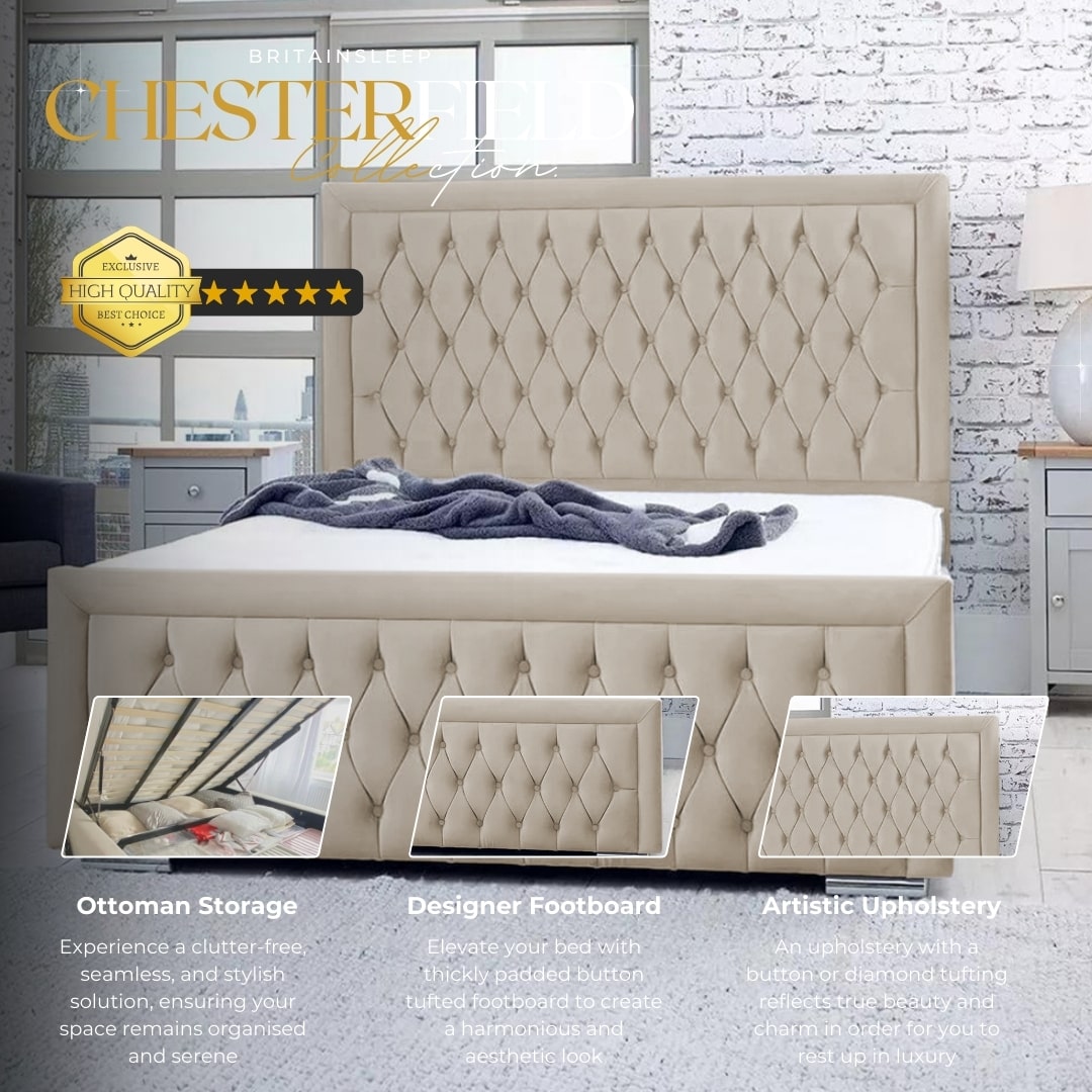 Bumperbar Plush Velvet Upholstered Bed Frame with Ottoman Storage Options Britainsleep