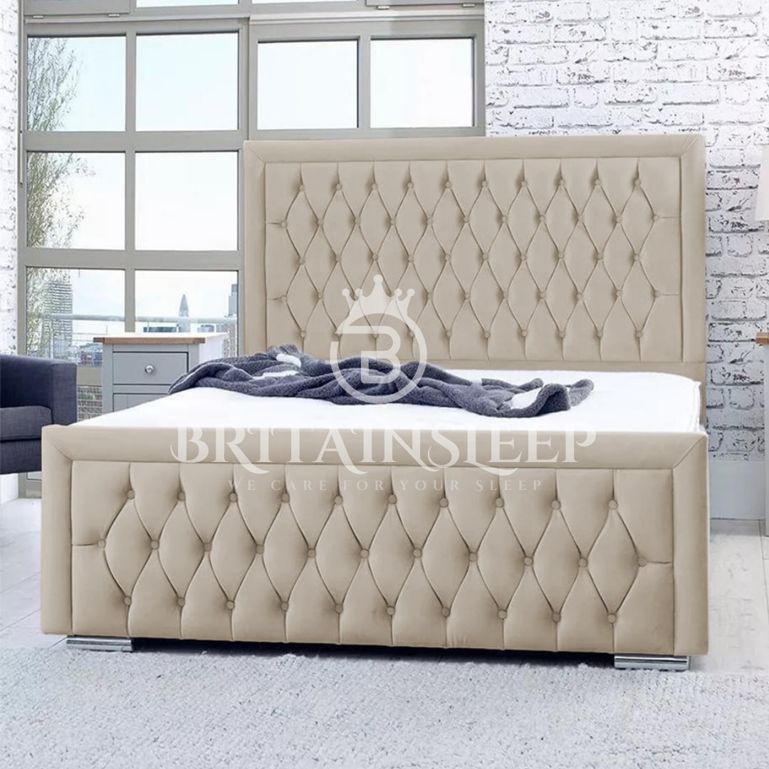 Bumperbar Plush Velvet Upholstered Bed Frame with Ottoman Storage Options Britainsleep