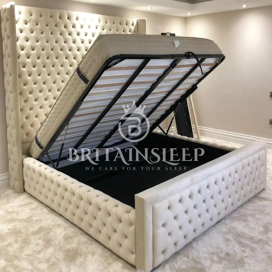 60'' Luxury Buxton Winged Upholstered Bed Frame with Ottoman Storage Britainsleep